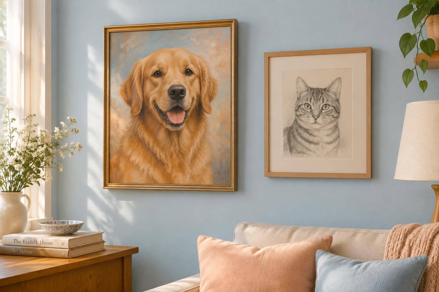 Framed oil painting of a golden retriever and pencil sketch of a cat